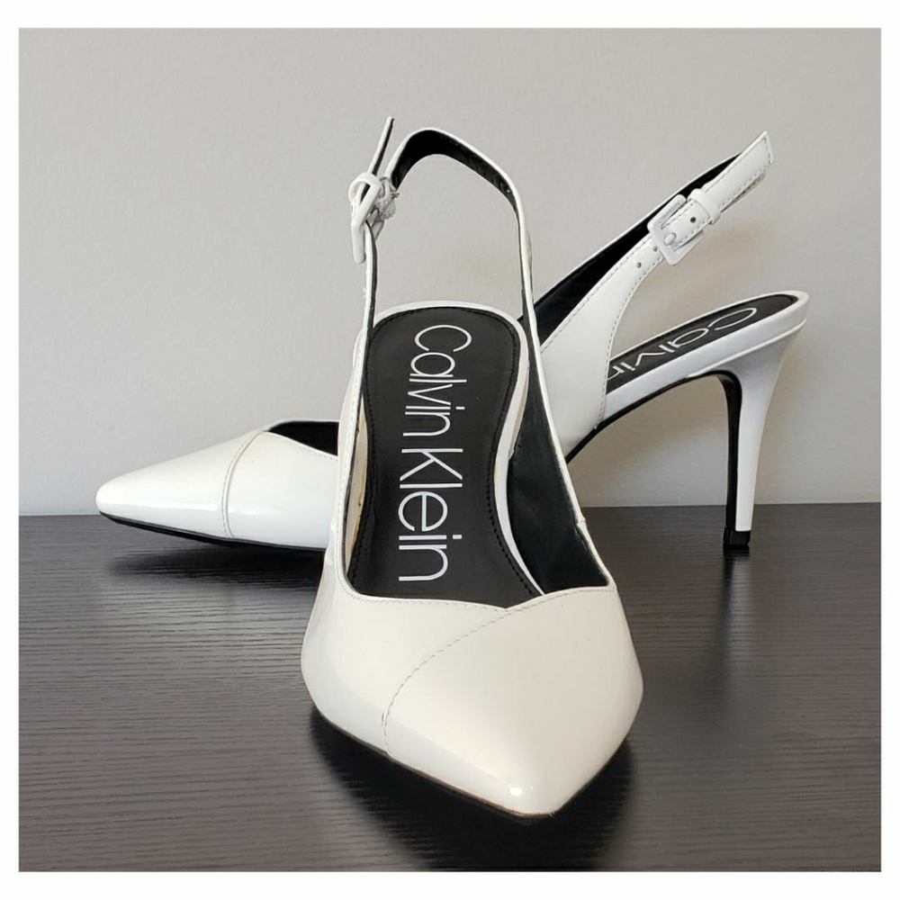 Calvin Klein Gwenith Patent Leather Slingback Pumps • Platinum White • 9M • NWB